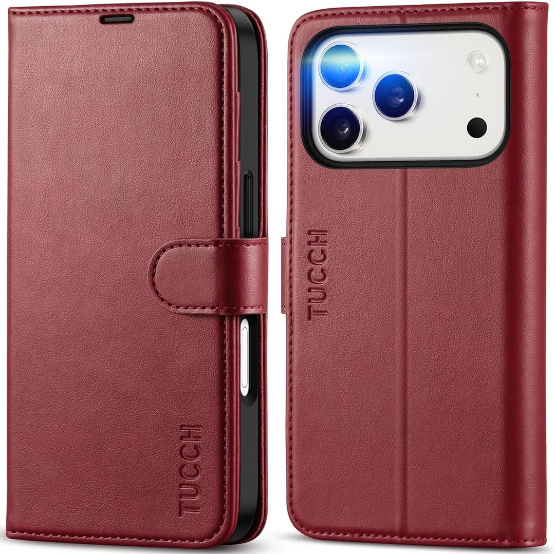 TUCCH Case Wallet for iPhone 17 Pro (6.3") 2025, Stand | RFID Blocking | 4 Card Holders | TPU Shockproof Inner Shell | PU Leather | Magnetic Closure Folio Protective Cover | Dark Red