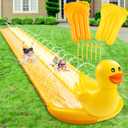 20ft 3D Duck Slip Water Slide Double Lane Lawn Water Slides 3 Sided Safe Fence Heavy Duty Inflatable with 2 Bodyboards and Sprinkler for Boy Girl Outdoor Backyard Play