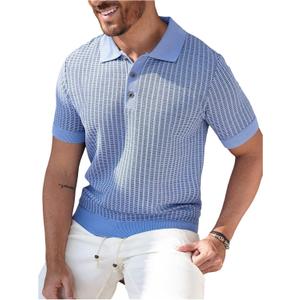 GORGLITTER Men's Button Up Shirt Collared Hollow Out Half Short Sleeve Knitted Street Tops (Blue, Small)