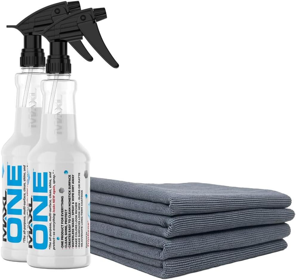 MAXLONE Car Spray with Triphene Technology, Quick Spray & Wipe All Purpose Waterless Detailer - Clean, Shine, Protect Paint, Glass, Wheels, Trim Without Pre-Washing (2, 20oz w 4 Micro Fiber Cloth) (EXP 07/13/26)