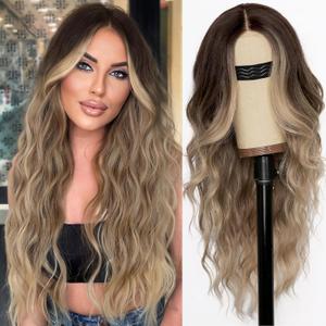 AISI HAIR Ombre Dirty Blonde Wig for Women, Long Wavy Lace Hairline Middle Part Synthetic Wig for Daily Party26 Inch