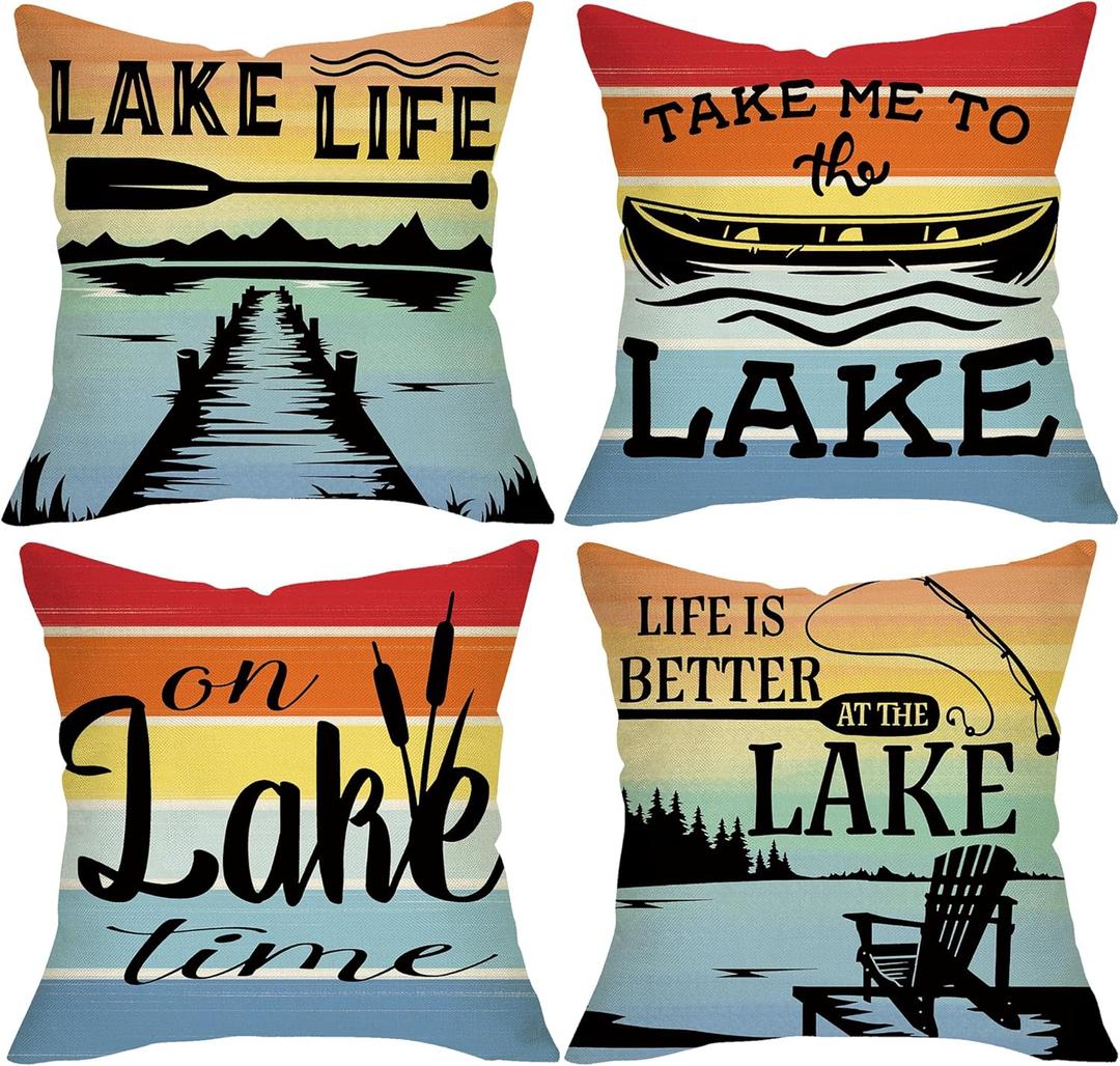 Lake Life Boat Paddle Decorative Throw Pillow Covers 18x18 Set of 4, on Lake Time Lakehouse Rainbow Stripes Porch Outdoor Home Decor, Fishing Rod Chair Spring Summer Farmhouse Couch Cushion Case