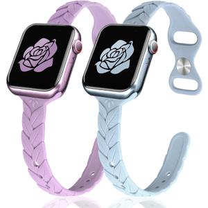JR.DM 2 Pack Engraved Silicone-Bands Compatible with Apple Watch Band 38mm 40mm 41mm 42mm 44mm 45mm 46mm 49mm, Slim Feminine Fashion Leaf Waterproof Strap,For iWatch Series 10 9 8 7 6 5 4 3 2 1 Women (41/40/38/42mm(Series 10), A 2Pcs Lavender/Fog Blue)