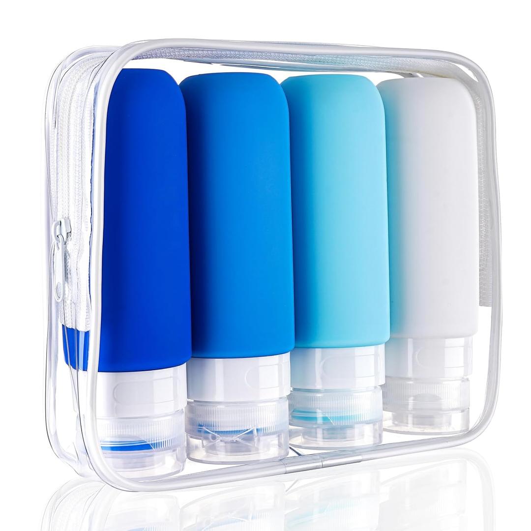 Travel Bottles for Toiletries 4 Pack 3oz Tsa Approved Auto-Rebound Travel Size Containers Squeezable Leak Proof Refillable Silicone Travel Accessories Toiletry Bag,Label,Brush