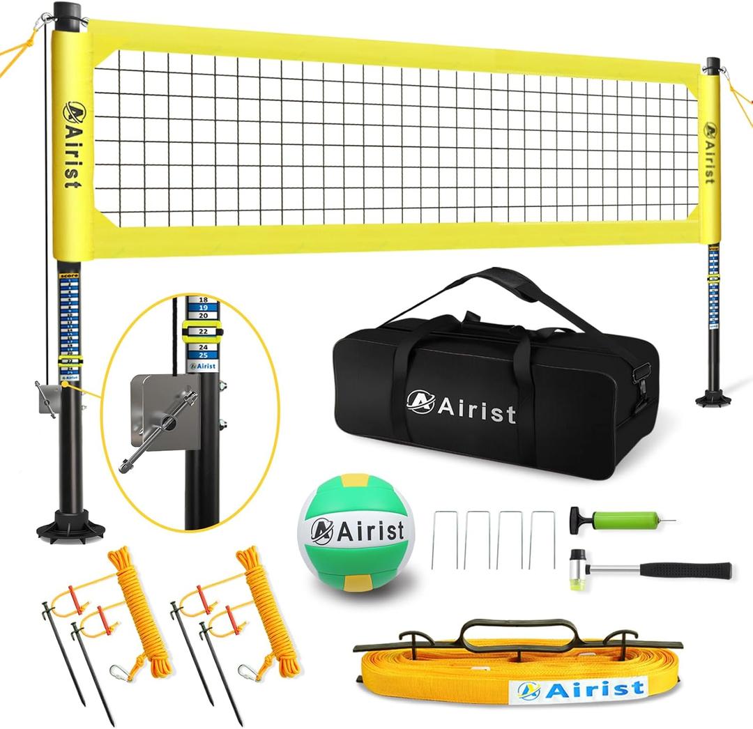 Heavy Duty Volleyball Net Outdoor with Steel Anti-Sag System, Adjustable Aluminum Poles, Professional Volleyball Nets Set for Backyard and Beach, Volleyball and Carrying Bag (Yellow)