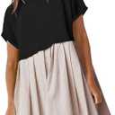 SAUKOLE Womens Summer Crew Neck Short Sleeve Dress Patchwork Pleated A Line Beach Boho Mini Dress, Size L