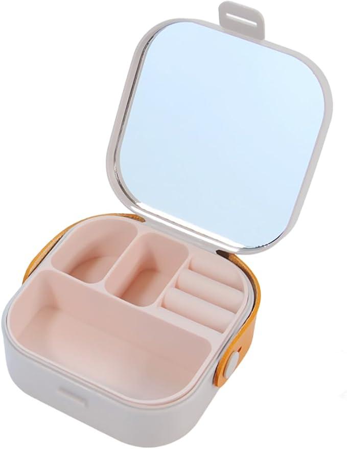 Travel Jewelry Box Small Jewelry Box Women Mini Travel Essentials, Portable Mini Jewelry Leather Box Jewelry Ring Storage Box Storage Rack Gift Box for Women with Mirro, Grey