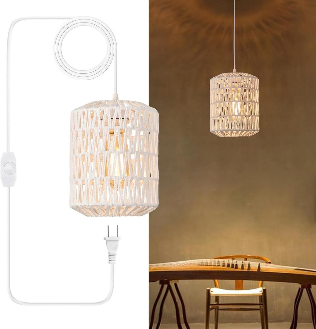 Plug in Pendant Light, Rattan Hanging Lights with Plug in Cord 15ft Dimmable Cord, Hand Woven Wicker Lampshade Hanging Lamp, Boho Plug in Hanging Ceiling Light Fixture for Farmhouse Bedroom White