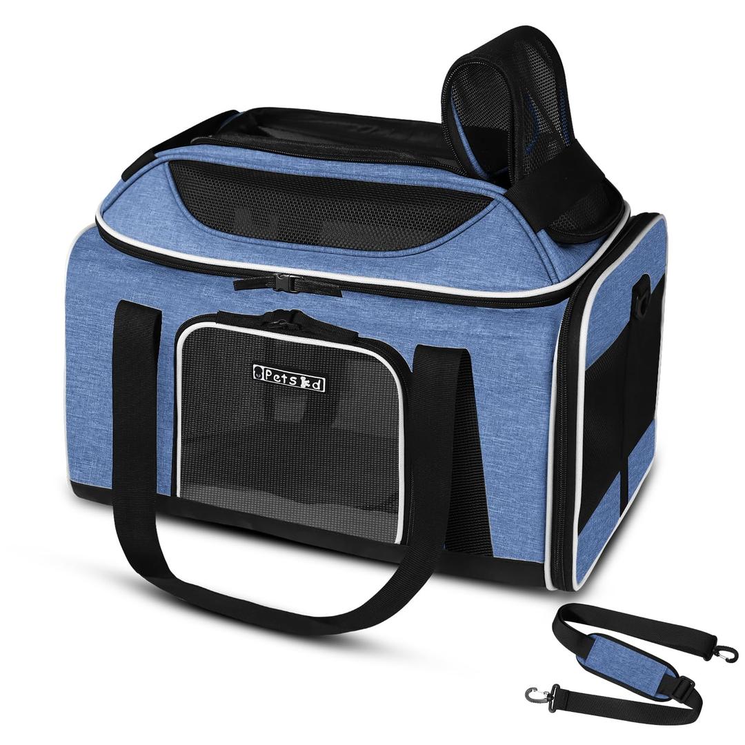 Petskd Top-Expandable Pet Carrier 18x11x11 Inches Delta American United Airline Approved, Soft-Sided Carrier for Small Cats and Dogs with Locking Safety Zippers and Anti-Scratch Mesh(Blue)
