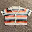 Womens Crochet Knit Cropped Sweater Short Sleeve Polo Collar Jumper Button Up Striped Sweater, M