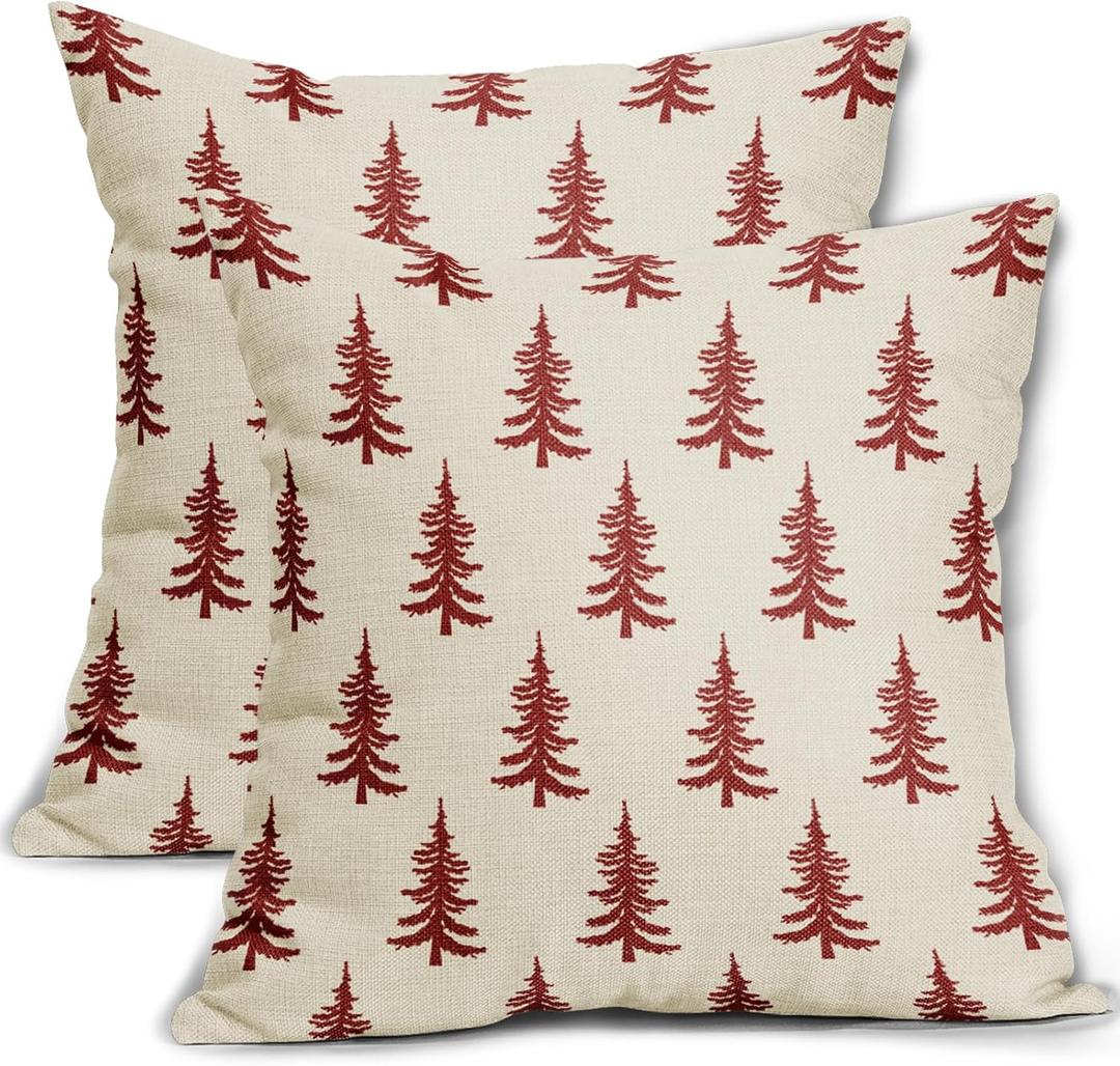Aytipun Christmas Tree Pillow Covers 22x22 Set of 2 Red Xmas Rustic Style Winter Print Decorative Outdoor Pillowcases Farmhouse Vintage Holiday Decorations Throw Cushion Case Couch Sofa Bed Decor