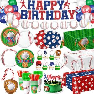 Oigco Baseball Birthday Decorations Set Includes Plates, Napkins, Cups, Cutlery, Cake & Cupcake Toppers, Banner, Hanging Swirls, Tablecloths, Balloons for Sports Baseball Party Decorations, Serves 24