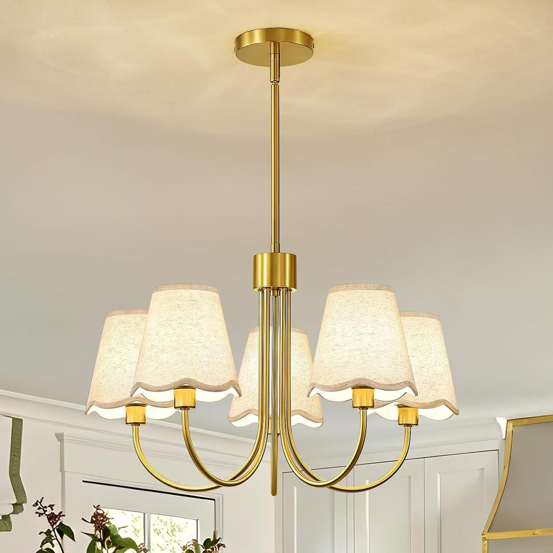Modern Gold Chandelier 5-Light Dining Room Chandelier with Fabric Shades Kitchen Dining Room Light Fixture Over Table Height Adjustable Farmhouse Chandeliers for Living Room Bedroom Entryway
