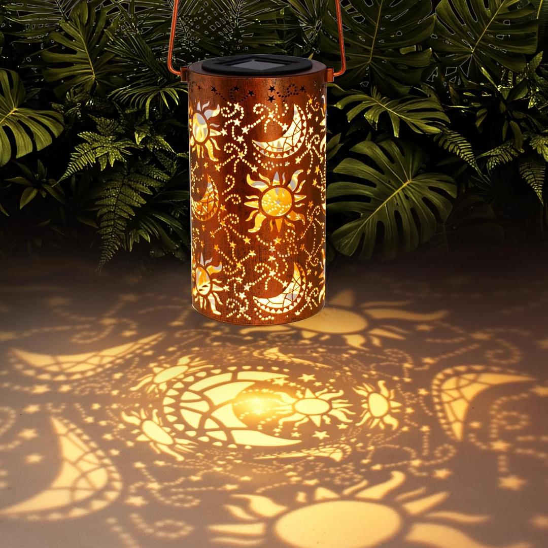 DIBIEECN Mothers Day Gifts for Mom, Birthday Gifts Grandma Ladies Solar Lanterns Outdoor Hanging Hollowed-Out Metal Waterproof LED Garden Decor Outside for Patio Yard Porch, Sun and Moon, 1 Pack