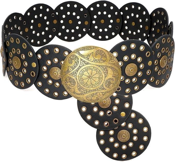 Ssumday Western Leather Belts for Woman Concho Cowgirl Cowboy Disc Belt for Ladies Wide Boho Country Waist Belts for Dress (S Fit Waist Size Below 39", Black(bronze Buckle))