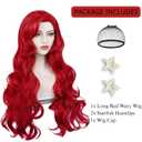 Red Mermaid Wigs for Women, Long Red Body Wave Wig+ Wig Cap for Little Mermaid Costume Halloween Cosplay
