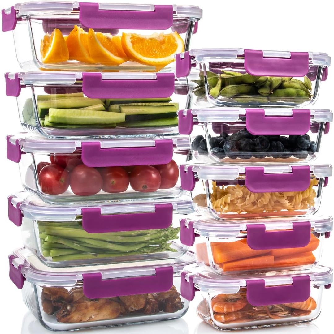 UMEIED 10 Pack Glass Food Storage Containers with Lids, Leakproof Airtight Glass Meal Prep Containers For Lunch, On The Go, Leftover, Dishwasher Safe (DARK PURPLE)