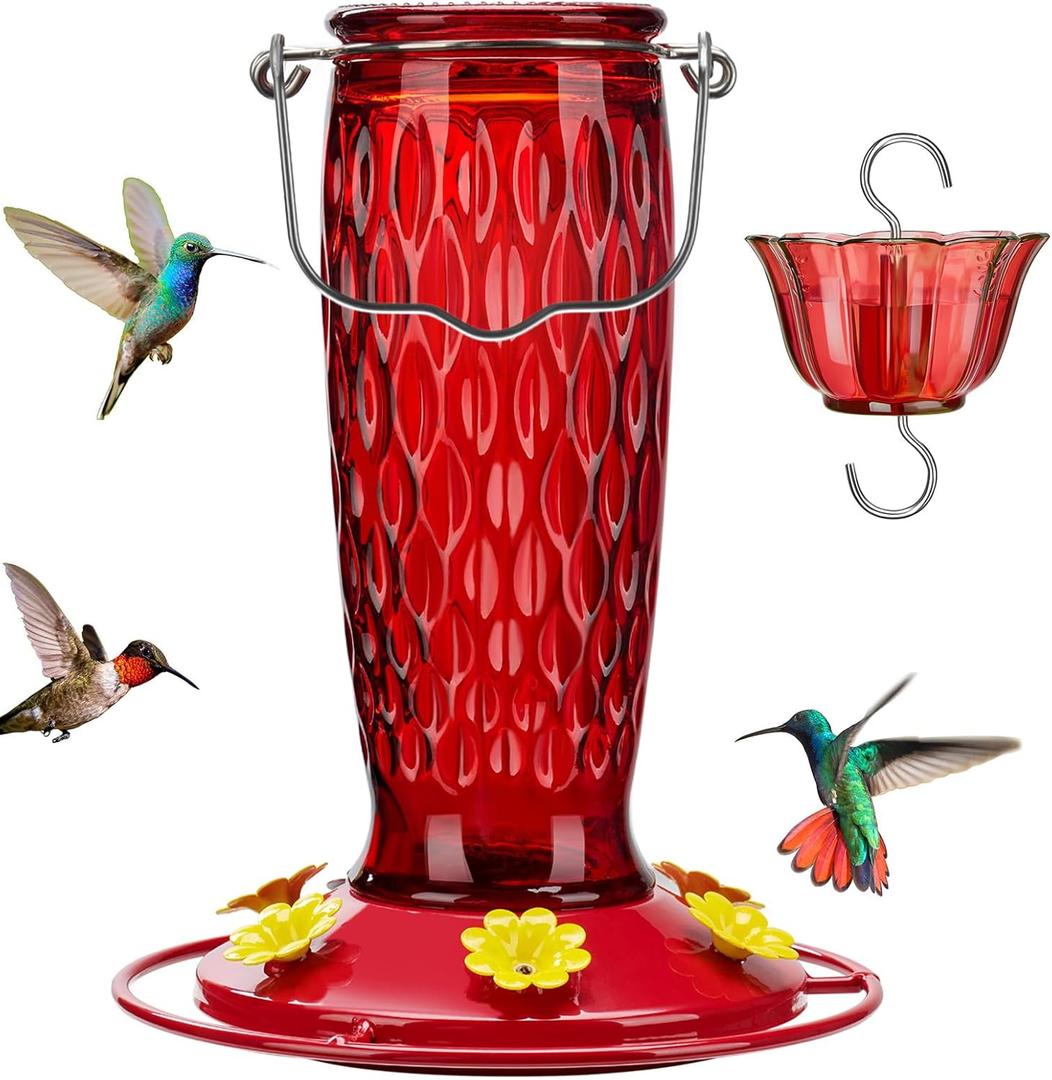Kingsyard Hummingbird Feeders for Outdoors Hanging, 24 Ounce, Glass Hummingbird Feeder with Ant Moat & 6 Bee Guard Feeding Ports, Leak-Proof, Red