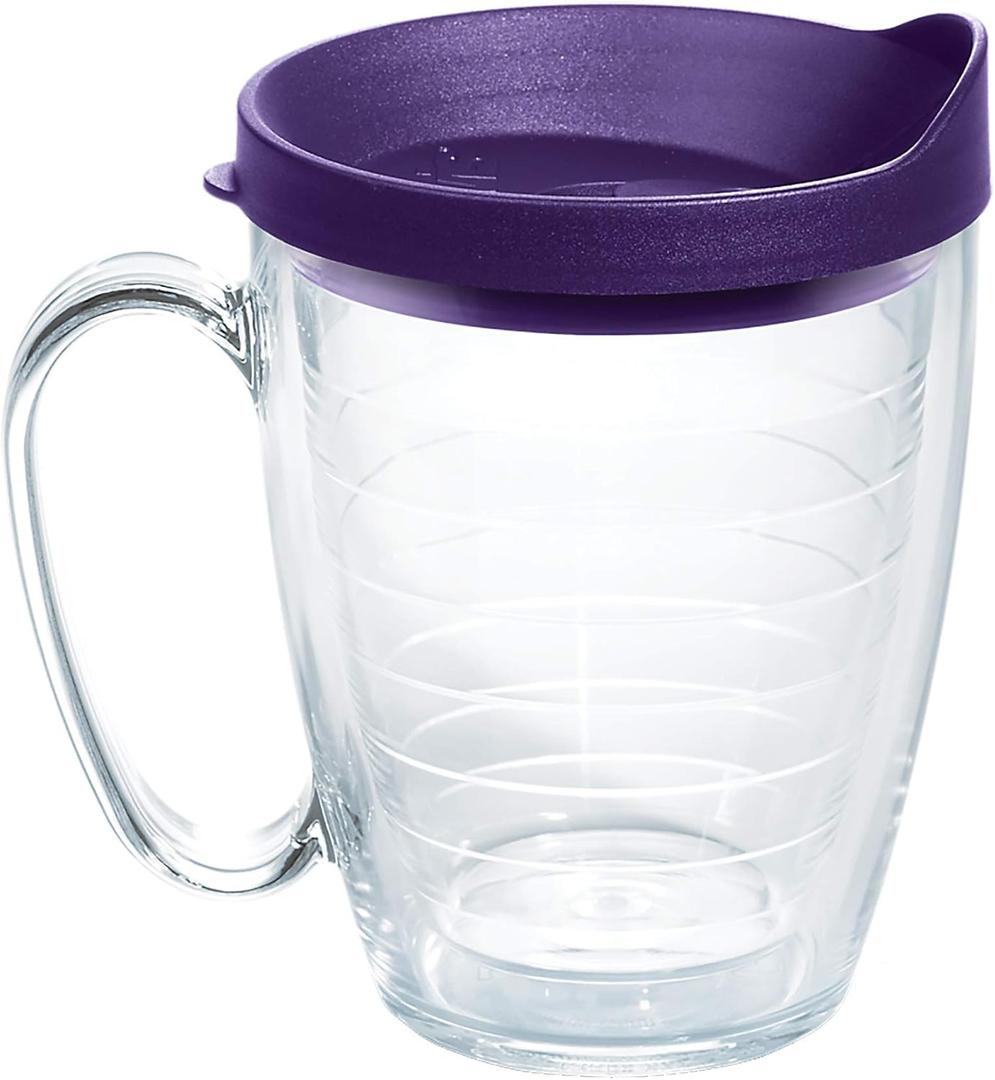Tervis Clear & Colorful Lidded Made in USA Double Walled Insulated Tumbler Travel Cup Keeps Drinks Cold & Hot, 16oz Mug, Royal Purple Lid