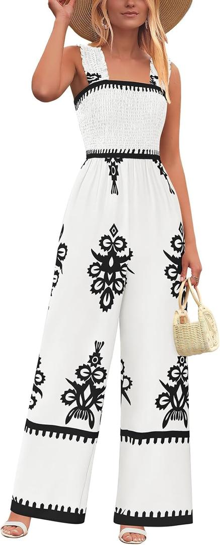 PRETTYGARDEN Womens Jumpsuit Casual One Piece Boho Summer Outfits Shirred Strap Wide Leg Long Pants Rompers With Pockets (Medium, White Black Flower)