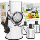 Cambom Rotary Cheese Grater Hand Crank Cheese Shredder for Fresh Cheese, Vegetable, Nuts,Non-slip Suction Base, Free Cleaning Brush Three Blades, White and Black
