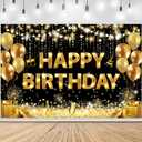 Happy Birthday Banner - Birthday Decorations for Men Women Birthday Party Banners Welcome Happy Birthday Background Sign for Theme Party Decorations Indoor Outdoor Black Gold (BG-222)