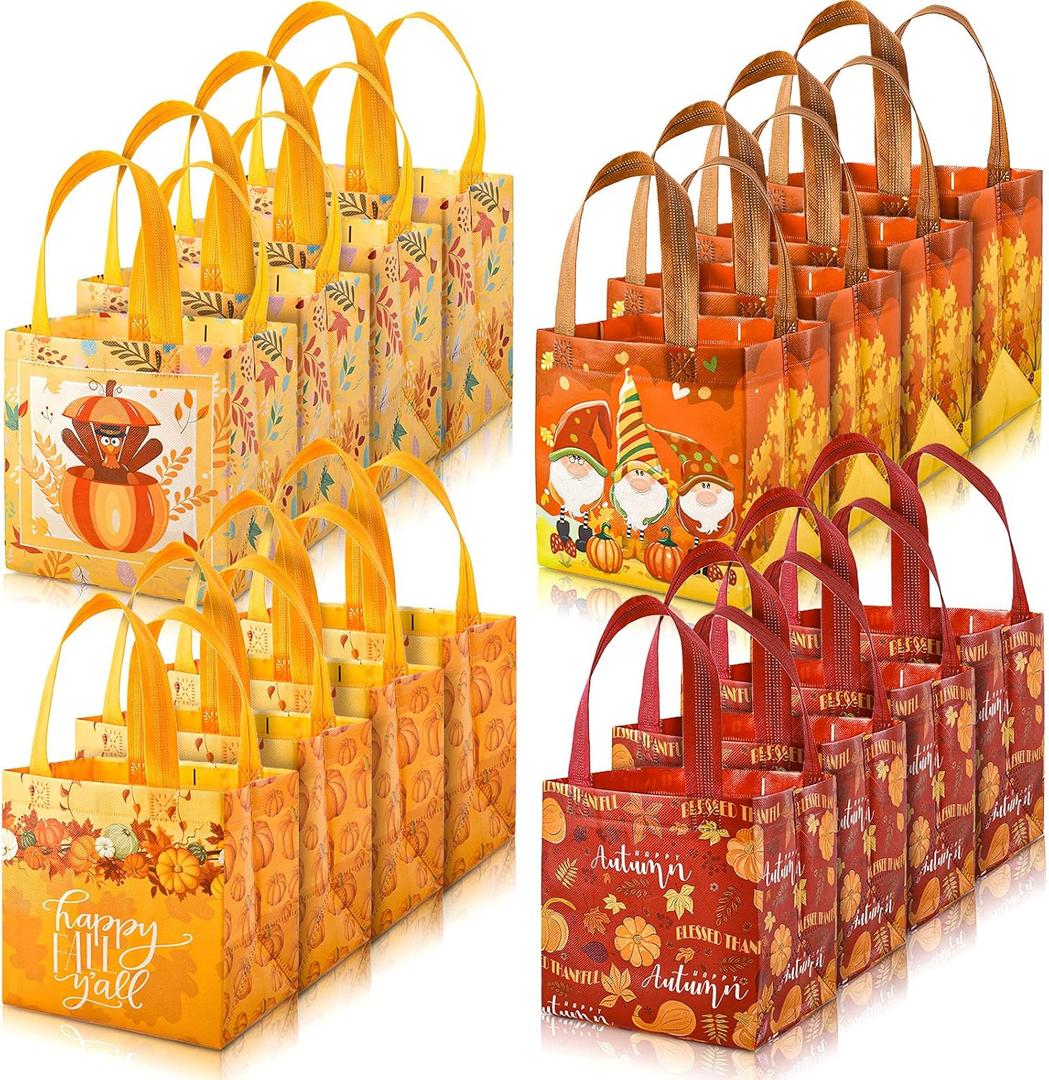 Fall Non-Woven Tote Bags Waterproof Pumpkin Turkey Gnome Party Bags with Handles Reusable Gift Bag Grocery Goodie Shopping Bag Treat Favor Bag for Autumn Thanksgiving Party Supplies, 16 Pack