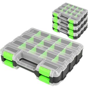 Tool Box with Transparent Lid, Double Side 34-Compartments Organizer Box with Removable Dividers for Hardware, Screws, Bolts, Nails, Beads, Jewelry and Fishing Accessories, Green, 4 Pack