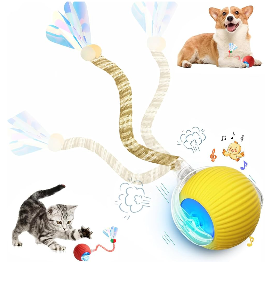 Interactive Cat Toy Ball for Indoor Cats, 2025 New Fast Self Rolling Ball Cat Toy on Carpet, Smart Interactive Automatic Cat Toy Ball for Gifts, Moving Cat Toy with Elastic Mesh Tail(Yellow), Set of 2 Interactive Cat Toy Ball for Indoor Cats, 2025 New Fast Self Rolling Ball Cat Toy on Carpet, Smart Interactive Automatic Cat Toy Ball for Gifts, Moving Cat Toy with Elastic Mesh Tail(Yellow), Set of 2