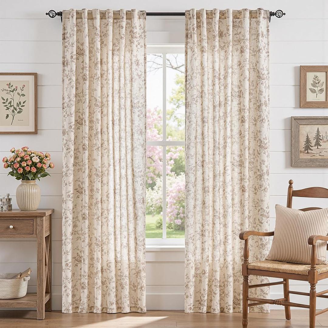 jinchan Amlie Linen Floral Curtains 84 inch Length Curtains for Living Room Bedroom Farmhouse Country Decor Drapes Light Filtering Window Treatment Back Tab Rod Pocket 2 Panels Taupe