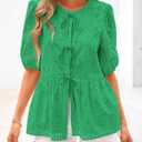 KIRUNDO Peplum Tops for Women 2026 Summer Eyelet Tie Front Blouses Casual Short Lantern Sleeve Cute Y2K Lace Babydoll Shirts (Green, S)