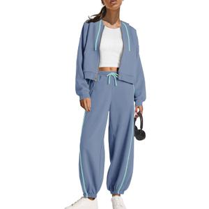 Panadila Womens Sweatsuits 2 Piece Set Zip Up Hoodie and Barrel Sweatpants Piping Sweatshirt Tracksuit Lounge Set (Medium, Dusty Blue)