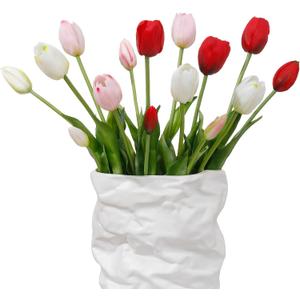 15 Pcs White-Light Pink-Red Artificial Tulips Fake Flowers, Premium Latex Lifelike Texture, UV Resistant Waterproof Faux Tulip Bouquets with Snap-on Petals for Outdoor, Home, Wedding Decor