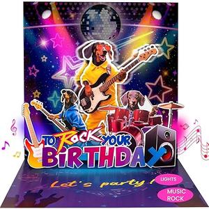 Birthday Card, Funny Birthday Cards for Men Women Kids, Exquisite MUSICAL & SHAKING & LIGHTING Rock Band Dog Pop-up Greeting Card Gifts with Envelope, 6.1 x 6.1 Inch
