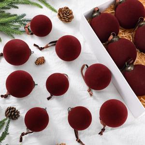 18 Pcs Velvet Christmas Balls Bulk 3.15, 2.76, 2.36 Inch, Flocked Xmas Tree Ball Ornaments Plastic Velvet Christmas Ornaments Xmas Tree Hanging Decoration(Wine Red)