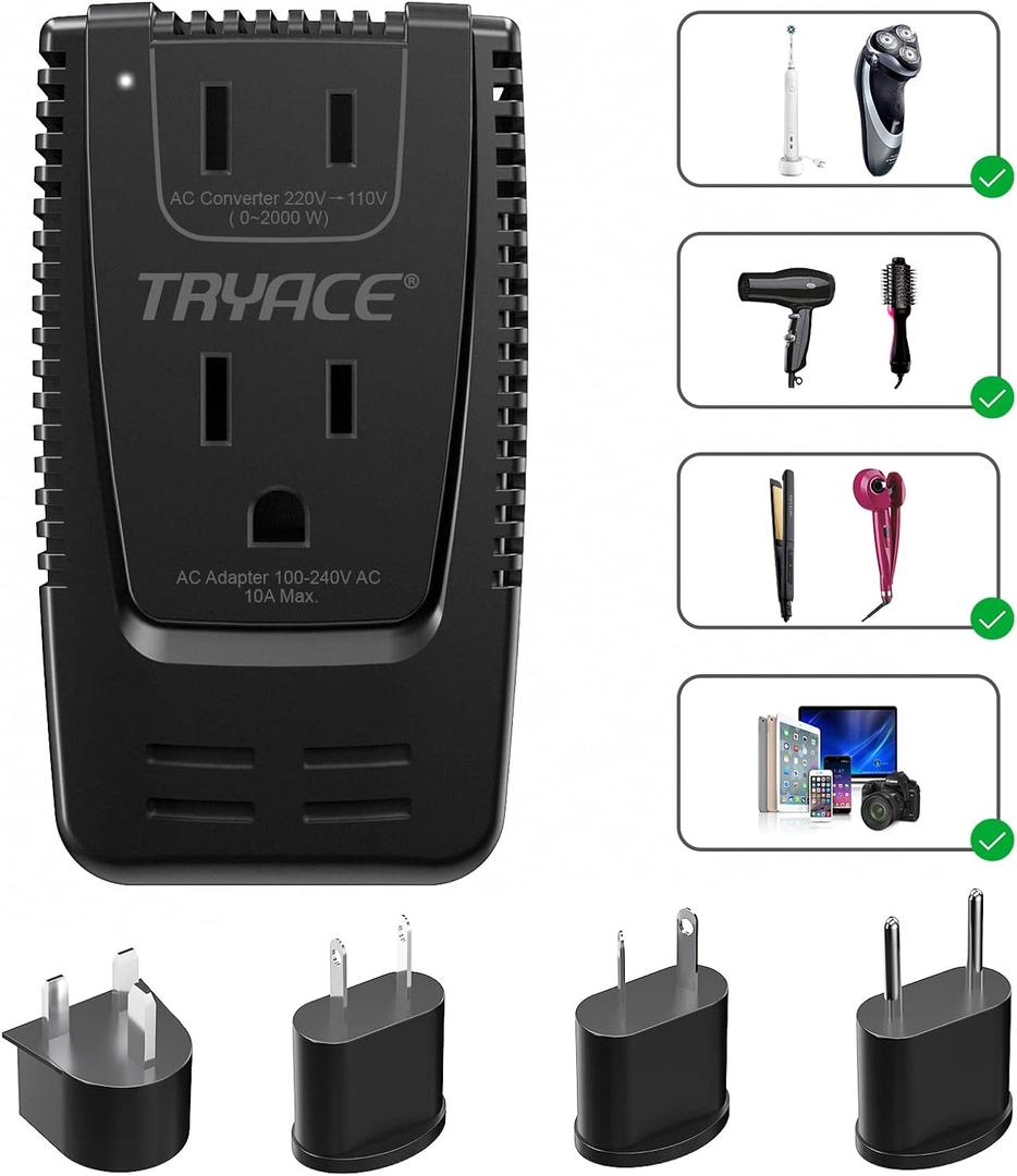 Upgrade TryAce 2000W Voltage Converter, Step Down 220V to 110V Converter for Hair Dryer Straightener Curling Iron, Suitable for Toothbrush Shaver, 10A Power Adapter for Laptop Phone, EU/UK/AU/US Plug