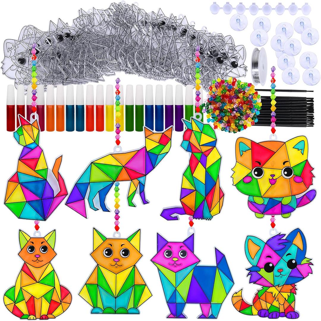 Winlyn 24 Sets Cat Suncatcher Ornaments Decorations DIY Window Paint Art Craft Kits Rainbow Kitten Sun Catchers Painting Kit for Kids Classroom Activities Birthday Summer Camping Party Art Project