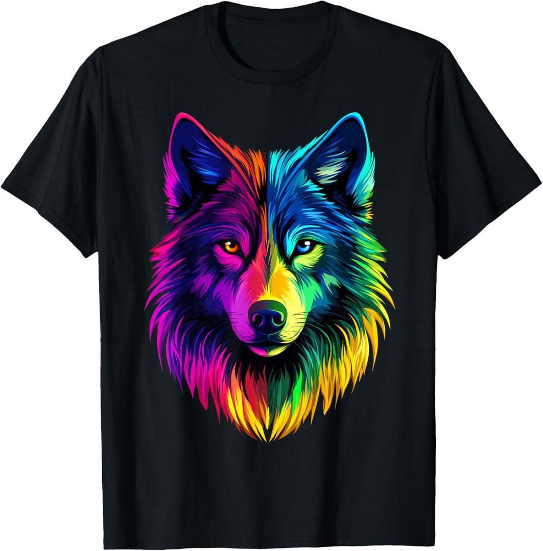 Colorful Wolf Face Wild Animal Lover Men Women Black T-Shirt (Small)