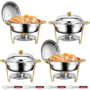 6 QT Round Chafing Dishes, 4 Pack Golden Premium Stainless Steel Chafing Dishes, Chafing Dish Buffet Set Heating and Cooling Chafing Dish for Gatherings Banquet, Buffet, Wedding, Party
