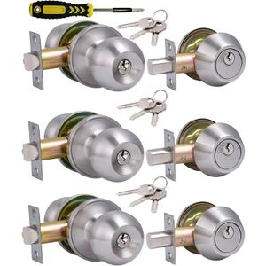 (3Sets) All Keyed Same Entry Door Knob and Single Cylinder Deadbolt Combo Set, Satin Nickel Exterior Door Knobs with Lock and Keys for Entrance and Front Door