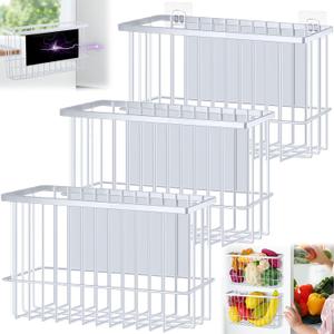 Menkxi 3 Pcs Magnetic or Adhesive Refrigerator Organizer Magnetic Baskets Kitchen Holder for Refrigerator Metal Shelf Rack Storage with 2 Types of Installation(White)