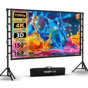 Outdoor Projector Screen with Stand 150 Inch: VOOPVOR Portable Projection Screen and Stand, Indoor Rear Front Movie Screen 16:9 4K HD, with Carry Bag,Support Height Adjustable for Home Theater Camping
