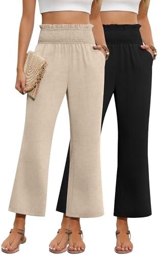 Oakgarden 2 Pack Women's Linen Pants, High Waist Cropped Wide Leg Loose Pants with Pockets Flowy Palazzo Beach Trousers.  XXL