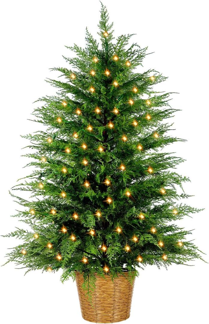 ENVEN 3FT Prelit Artificial Cedar Christmas Tree with Lights Plug in Power, Faux Cedar Potted Christmas Tree in Decorative Wicker Basket, Realistic Indoor Outdoor Holiday Decoration