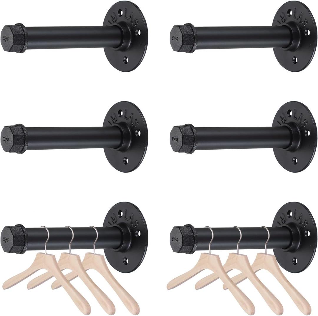 BTSKY 6 Pack Clothes Rack with Screws, 6 Inch Metal Industrial Pipe Clothes Bars for Hanging Clothes, Heavy Duty Wall Mounted Clothing Hanging Rod Shelving Brackets for Laundry Room Retail Store,Black