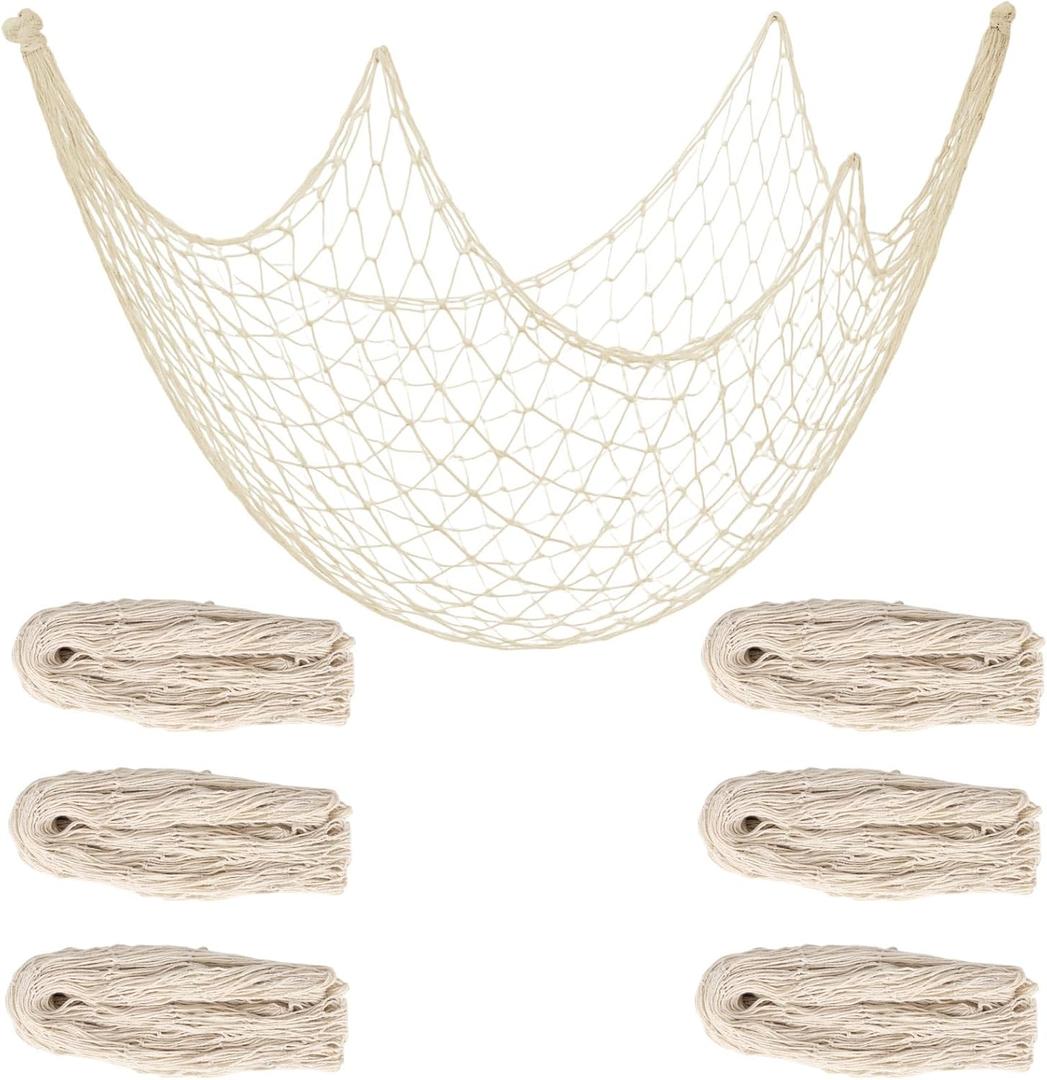 6pcs Fish Net Decorations, 200x100cm/80x40in Natural Cotton Decorative Fishing Netting Nautical Wall Art Decor for Hawaiian Luau Pirate Ocean Beach Party