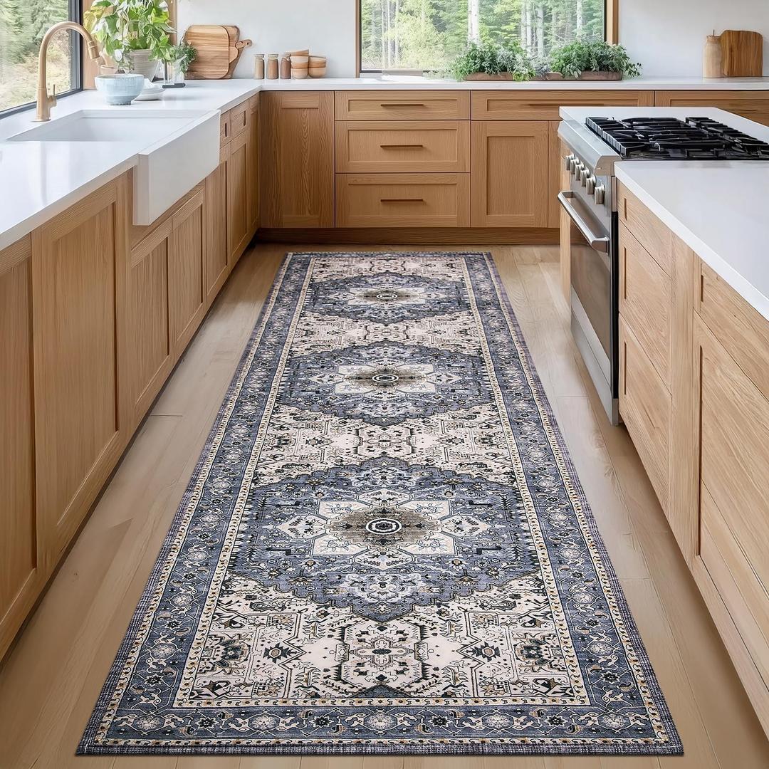 PURRUGS Vintage Farmhouse Boho Runner Rug 2x8 ft, Non-Slip Machine Washable Rug, Accent Oriental Area Rug for Kitchen, Hallway, Entryway, Bedroom, Living Room & Dining Room, Periwinkle Gray/Soft Ivory