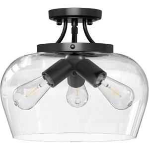VONLUCE Semi Flush Mount Ceiling Light, 13.8" Ceiling Light Fixture with Clear Glass Shade, E26 Base, 3-Bulb Industrial Lighting Fixture for Dining Room Hallway Entryway Bedroom, Matte Black