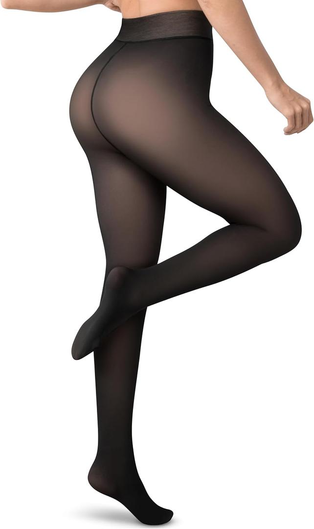 Womens Fleece-Lined Tights - Ultra-Warm Fake Sheer Look Pantyhose Thick Leggings for Winter (Large Petite, Black - 1 Pair)