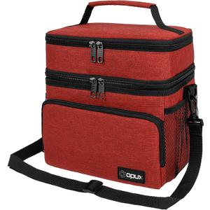 opux Insulated Lunch Bag for Men Women, Large Dual Compartment Cooler Bag, Soft Two Deck Lunch Box for Work School Picnic, Leakproof Lunch Tote with Shoulder Strap for Kid Adult (Red, Double Deck)